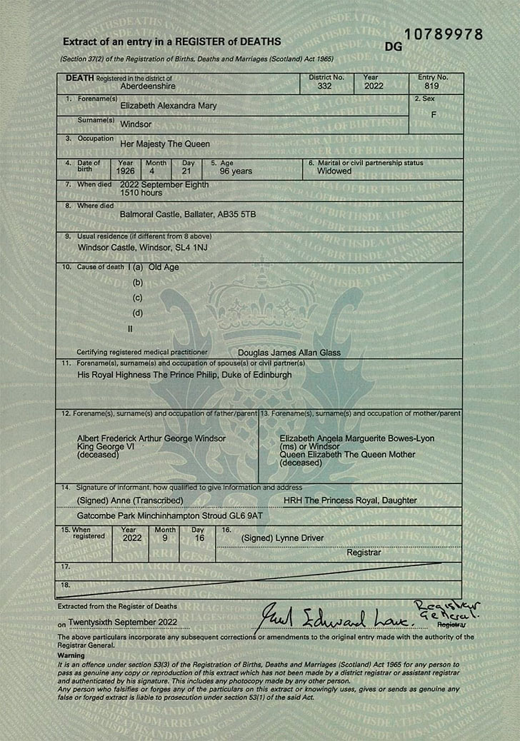Queen Elizabeth II death certificate