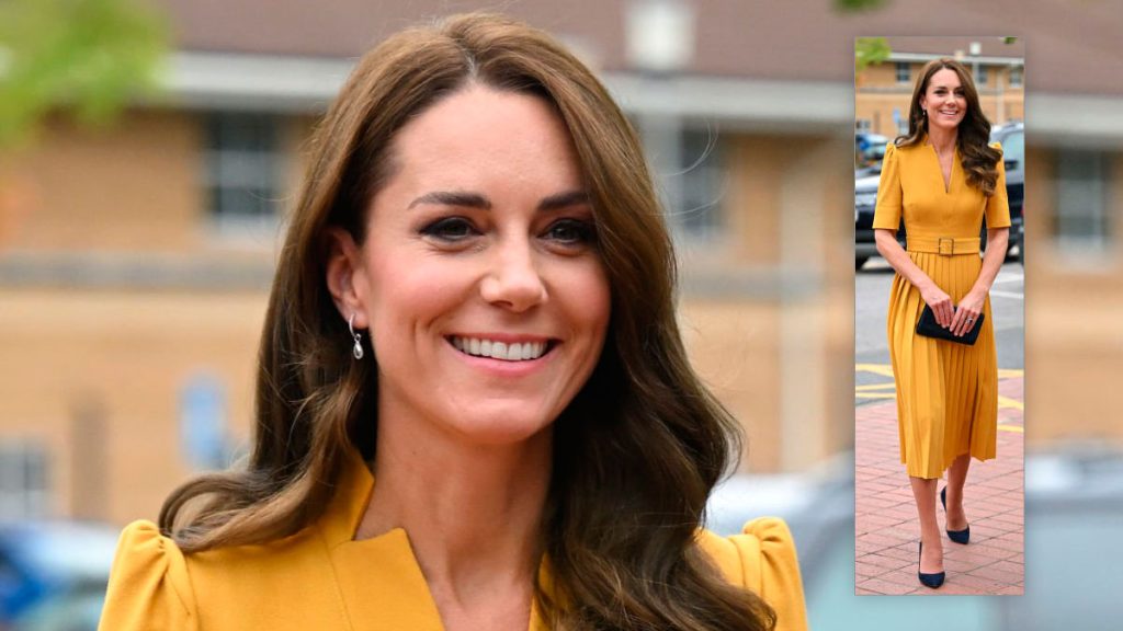 Kate makes an impact with her new dress and a clear feminist message Kate Middleton's yellow dress by Karen Millen