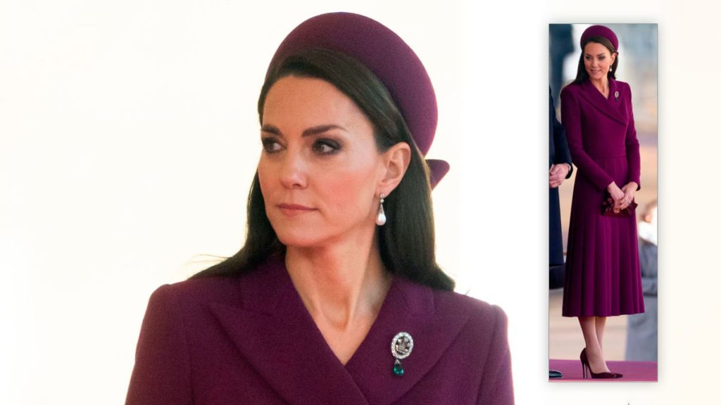 Kate Middleton looks elegant in purple and wears historic Princess of Wales brooch Kate Middleton in a dress by Emilia Wickstead