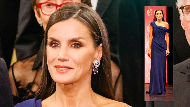 Queen Letizia in blue dress by Carolina Herrera