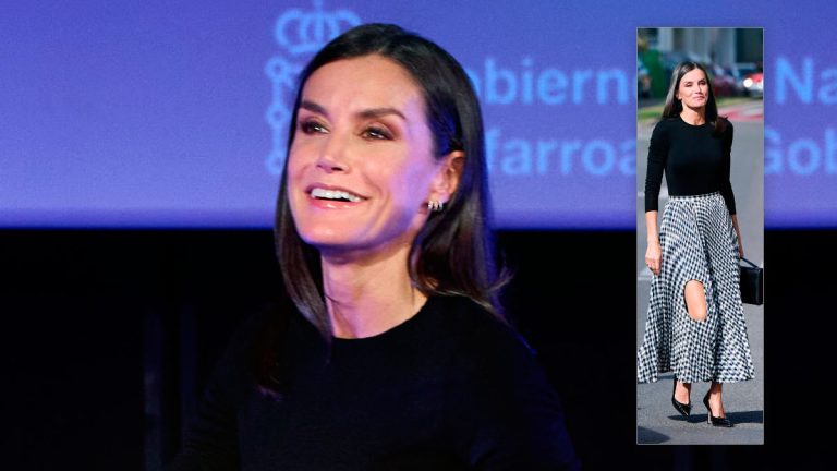 Queen Letizia surprises by wearing a modern skirt with a hole in it Queen Letizia in black and white skirt