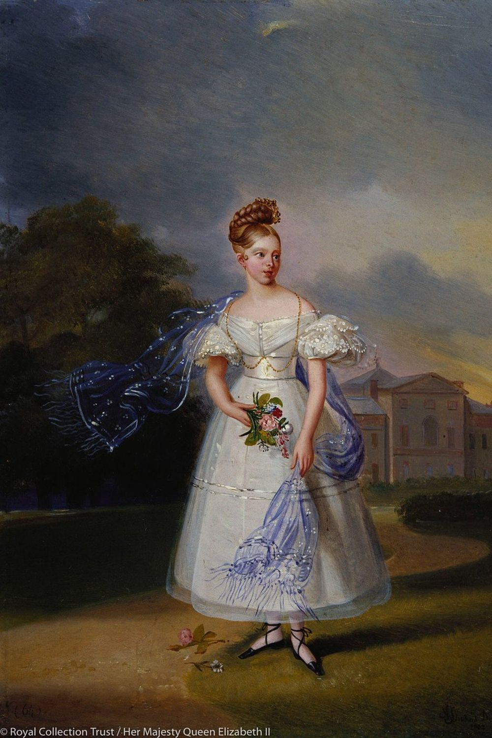 This painting by Alexandre-Jean Dubois Drahonet from 1832 shows a young Victoria in Kensington Palace Gardens, with the Palace visible in the background