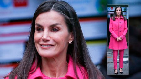 Queen Letizia with fuchsia coat by Hugo Boss