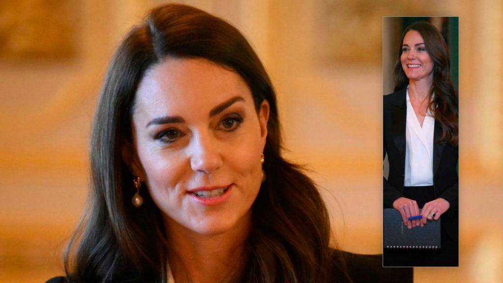 Kate Middleton dazzles in white shirt and Alexander McQueen suit Kate Middleton in an Alexander McQueen suit