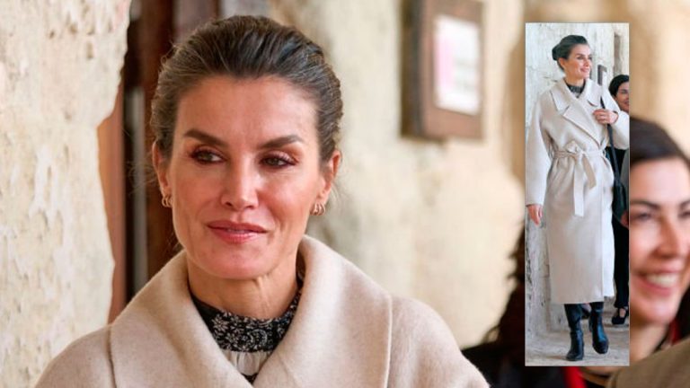 Queen Letizia wears low-cost dress with oversize coat and high boots Queen Letizia of Spain in Menorca