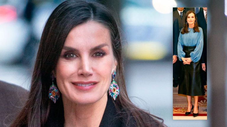 Queen Letizia closes the work week wearing leather skirt Hugo Boss Queen Letizia in a Hugo Boss leather skirt