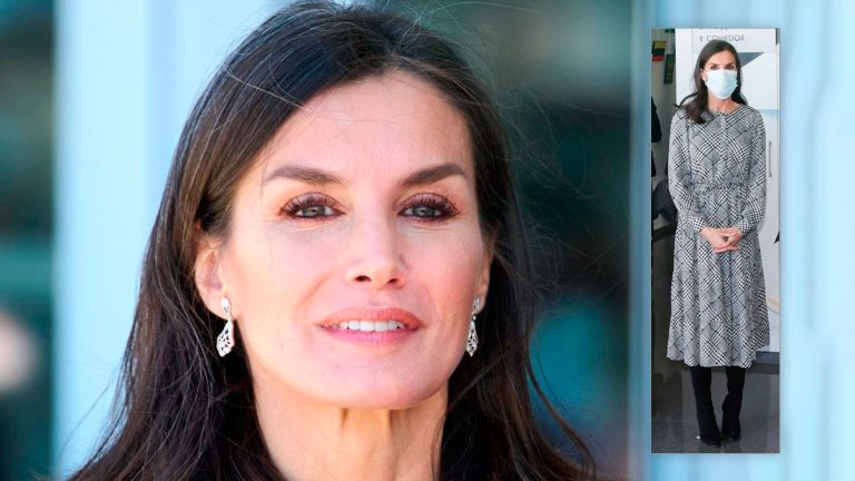 Queen Letizia wears a beautiful black and white patterned dress Queen Letizia in a dress by Pedro del Hierro