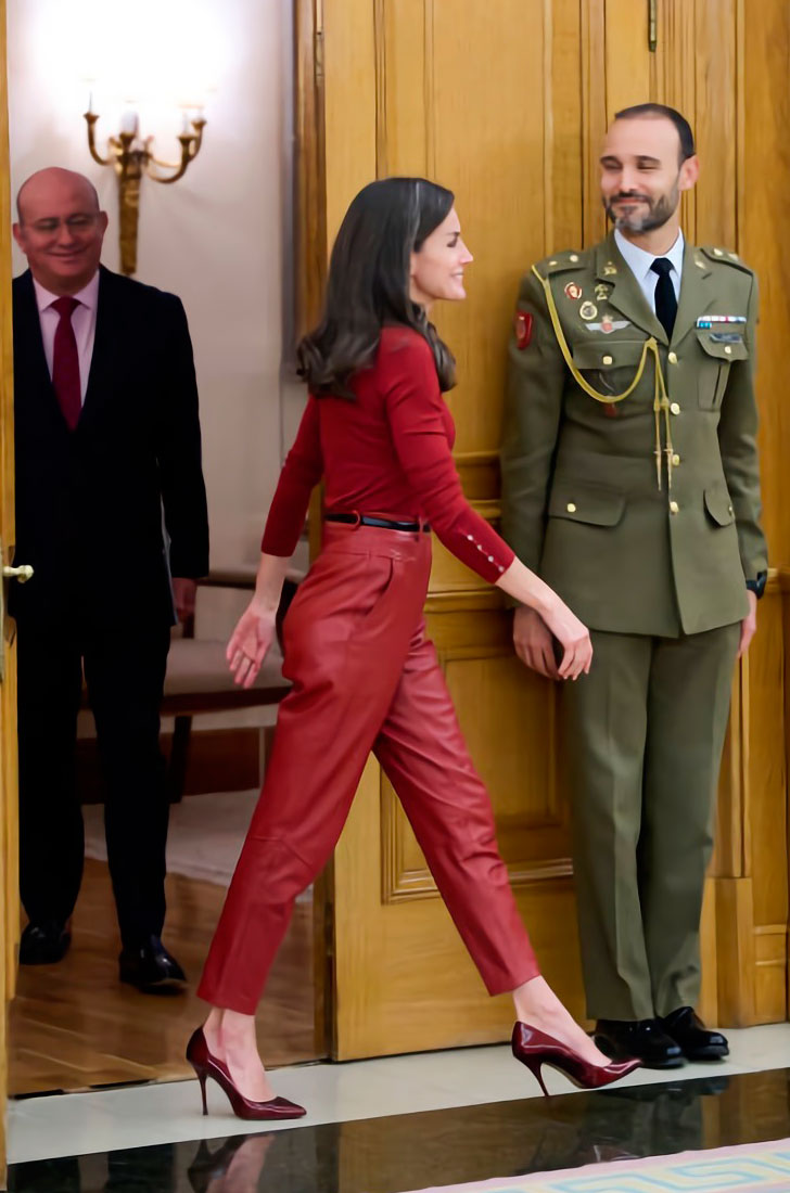 Queen Letizia in leather pants by Hugo Boss