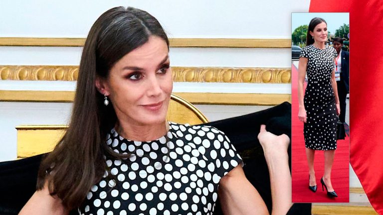 Queen Letizia looks elegant in a polka dot dress in Angola Queen Letizia polka dots dress in Angola