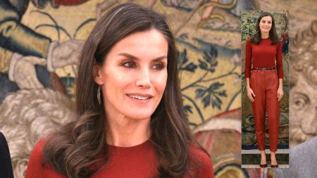 Queen Letizia in leather pants by Hugo Boss