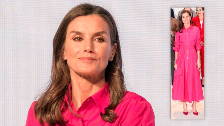 Fuchsia, Queen Letizia’s new favorite color Queen Letizia in a fuchsia shirt dress by Roberto Verino