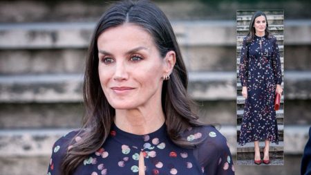 Queen Letizia in a confetti print dress by Massimo Dutti