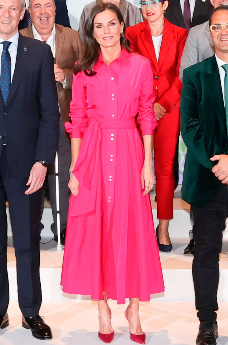 Queen Letizia in a fuchsia shirt dress