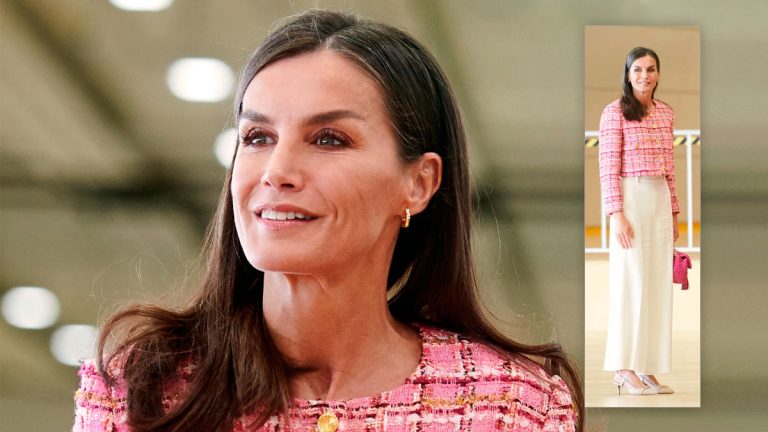 Queen Letizia wears a charming outfit of a tweed mini jacket and culotte pants Queen Letizia wearing a mini tweed jacket and culotte pants