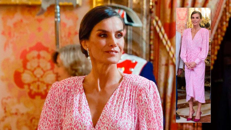 Queen Letizia wears a stunning dress with a plunging V-neckline Queen Letizia in a pink dress by Lady Pipa