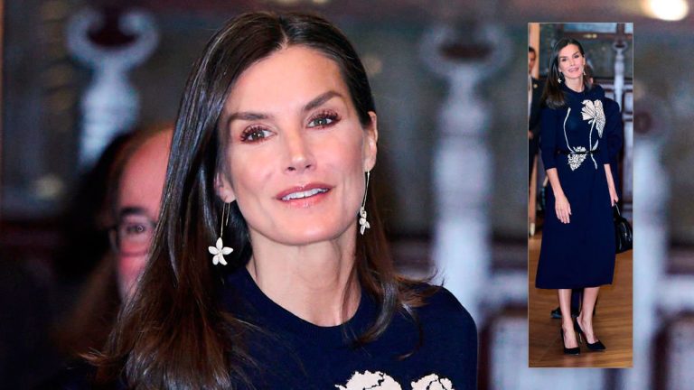 Queen Letizia resumes her work schedule and wears a comfortable and elegant dress Queen Letizia in a navy blue dress by Galcon Studio