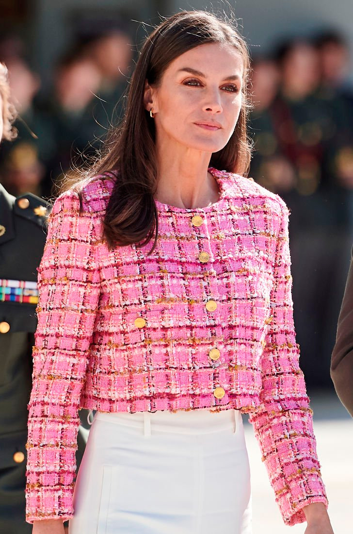Queen Letizia wearing a mini tweed jacket and culotte pants