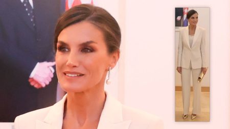 Queen Letizia in a white suit by Armani
