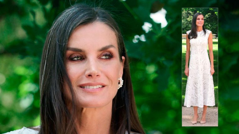 PHOTOS: Queen Letizia returns to wear one of her most economical dresses Queen Letizia in a white lace dress by Sfera