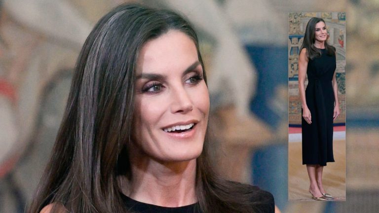 Queen Letizia debuted golden shoes and a natural raffia bag Queen Letizia of Spain in a little black dress