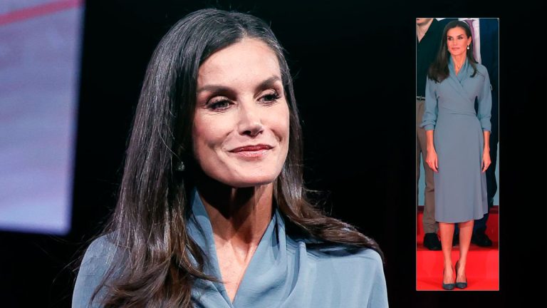 Queen Letizia has rescued an elegant dress that never goes out of fashion Queen Letizia in blue dress by Adolfo Domínguez