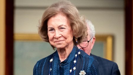 Queen Sofia in an outfit printed by Zeus & Dione
