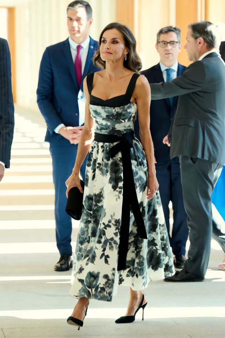 Queen Letizia in a sweetheart neckline dress by Carolina Herrera