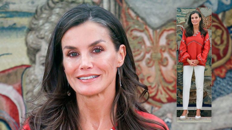 Queen Letizia wears an eye-catching blouse from a Ukrainian brand with floral embroidery Obriy Red Queen Letizia in red linen blouse