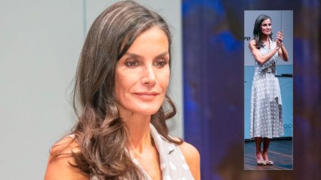 Queen Letizia in polka dot print dress by Laura Bernal