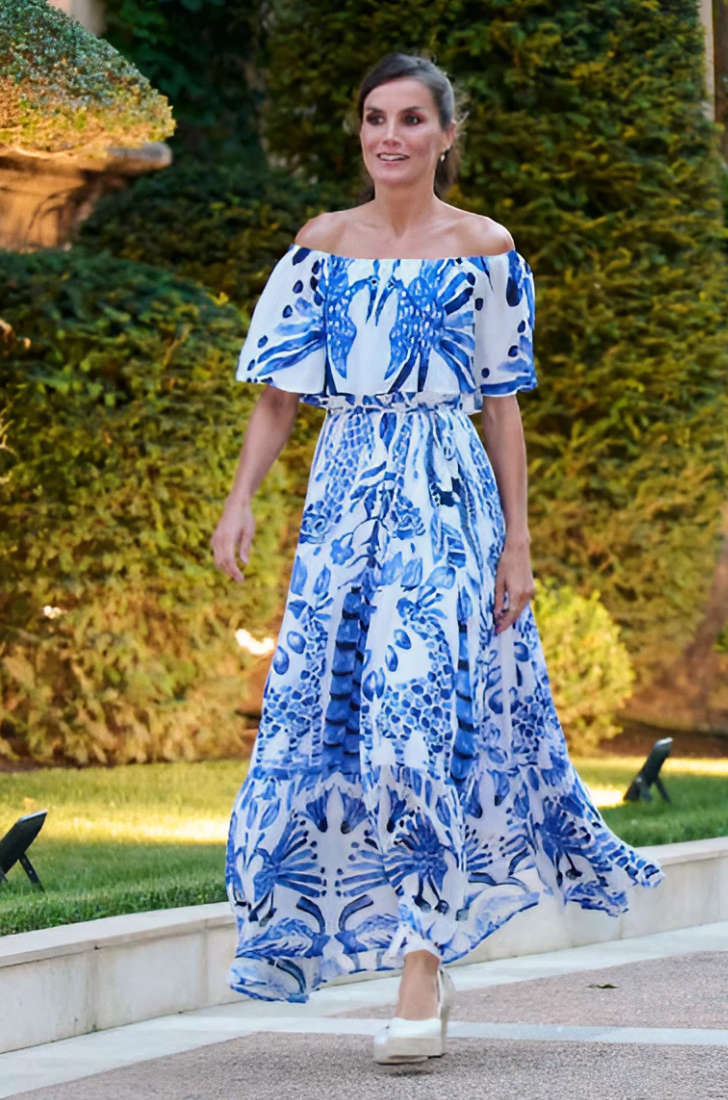 Queen Letizia in a blue print dress by Desigual