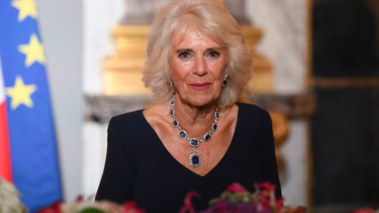 Queen Camilla was nearly upstaged by Brigitte Macron at a gala dinner in France. What jewelry was the Queen wearing? Queen Camilla in France