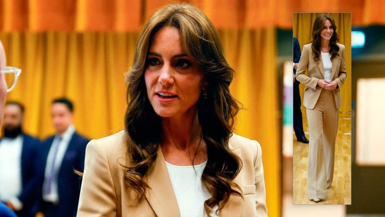 PHOTOS: Kate Middleton returns to the ’70s with bell-bottom pants Kate Middleton's camel suit by Roland Mouret