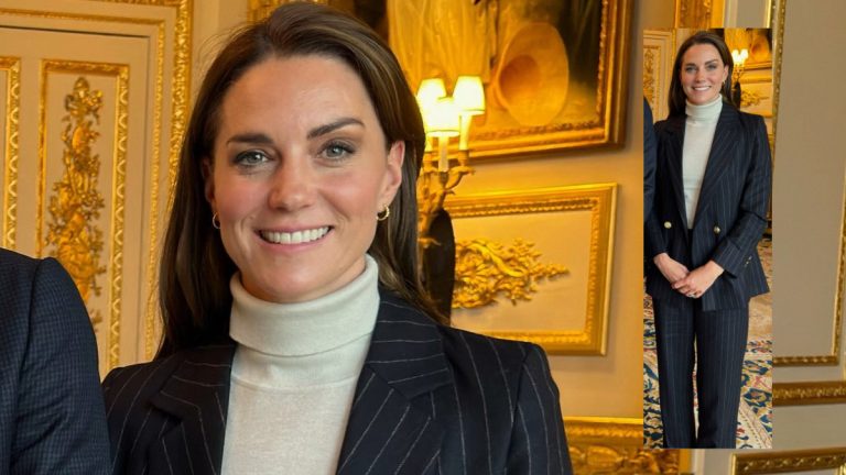 Kate Middleton’s new pinstripe suit, which is trending for office looks Kate Middleton's new navy blue suit by Holland Cooper