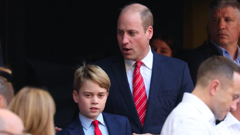 Prince George joins his father Prince William at the Rugby World Cup in France Prince George and Prince William at the Rugby World Cup.