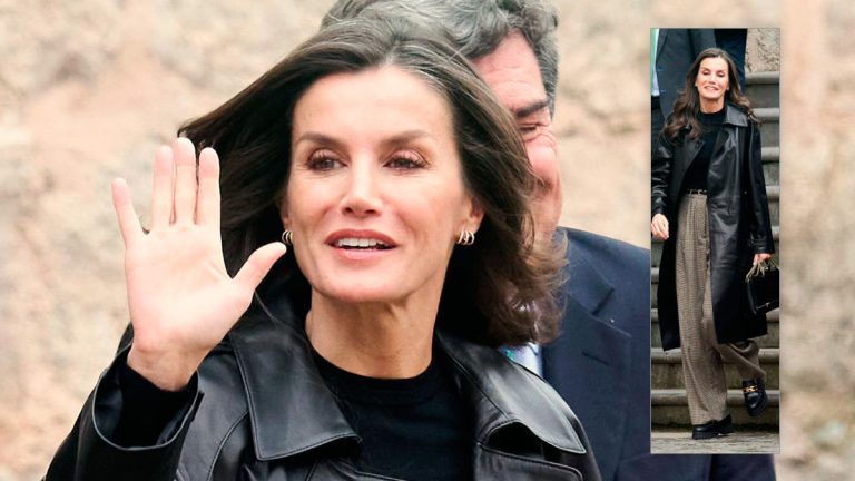 PHOTOS: Queen Letizia surprises with a leather trench coat, loafers, and plaid pants Queen Letizia in a leather trench coat