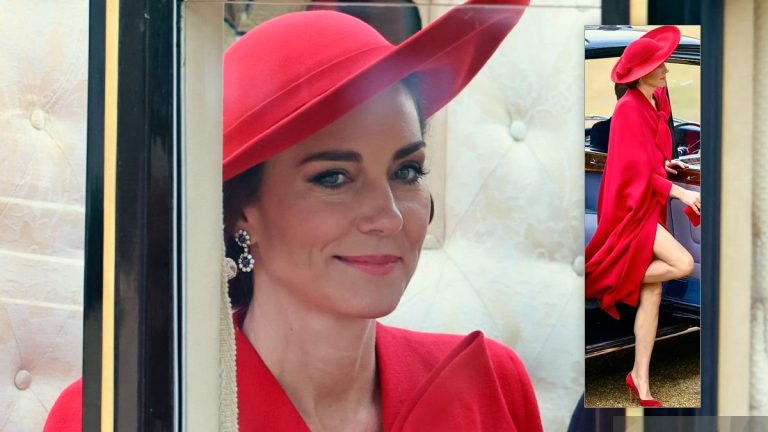 PHOTOS: Kate Middleton wears all red and shows off her legs Kate Middleton in a cape coat and red dress