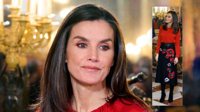 Christmas styling: Queen Letizia wears a red blouse, floral skirt, and over-the-knee boots Queen Letizia in a floral skirt by Carolina Herrera