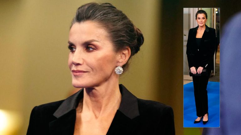 Queen Letizia closed her 2023 agenda with a velvet suit by Paco Rabanne and majestic chaton earrings Queen Letizia in black suit by Paco Rabanne