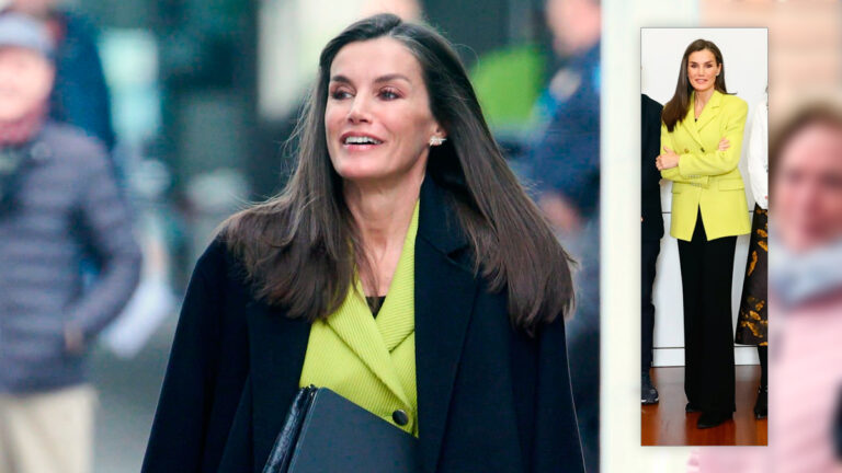 Queen Letizia combines a lemon green Hugo Boss jacket with comfortable black ankle boots for her meeting with FEDER Queen Letizia's green Hugo Boss Blazer