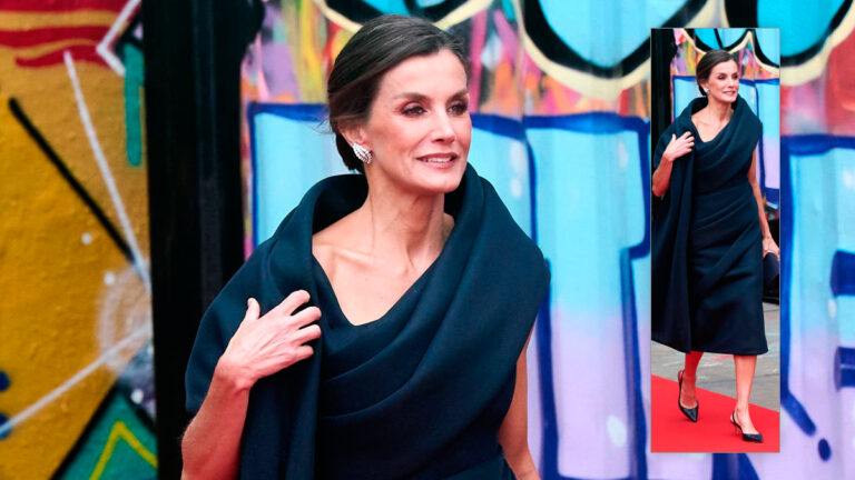 Queen Letizia bids farewell to the Netherlands in a draped midi dress with cape Queen Letizia's style in the STRAAT Museum
