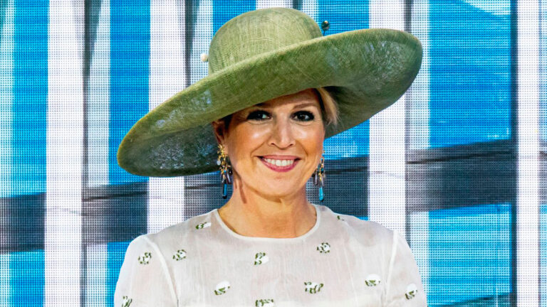 Queen Máxima in a White Dress with Green Micro Print by Natan During the DSM-Firmenich Opening in Maastricht Queen Máxima in white dress by Natan