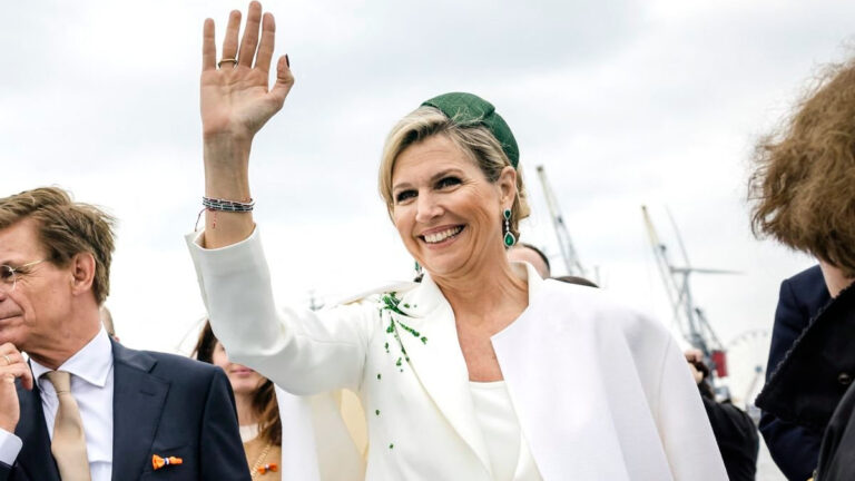 Queen Máxima of the Netherlands Dazzles in Bridal-Inspired White Two-Piece by Claes Iversen Queen Maxima in a Suit White by Claes Iversen
