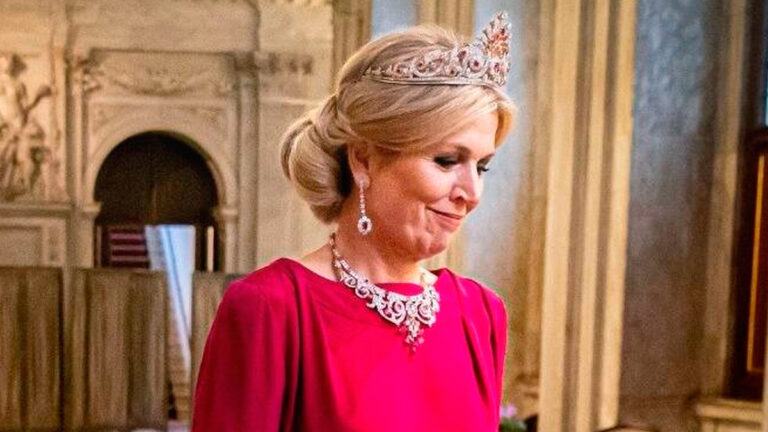 Queen Maxima Sweeps in Recycled Dress and Dutch Royal Jewelry Queen Máxima in Ball Gown and Peacock Tiara