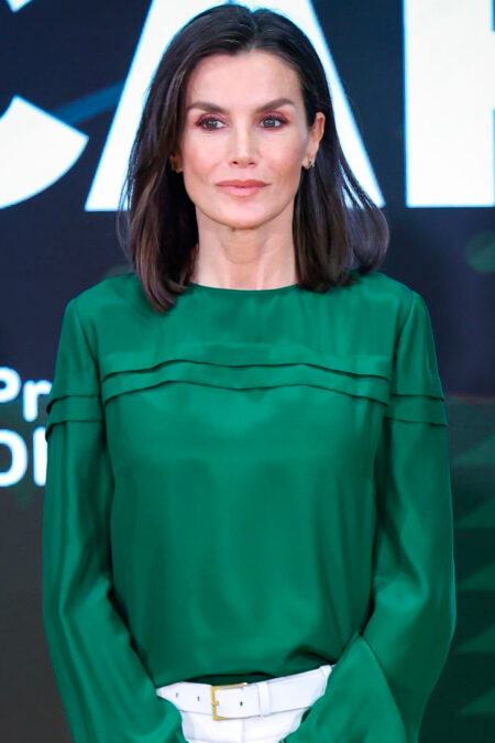 Queen Letizia in Green Blouse and White Trousers at Discapnet Awards