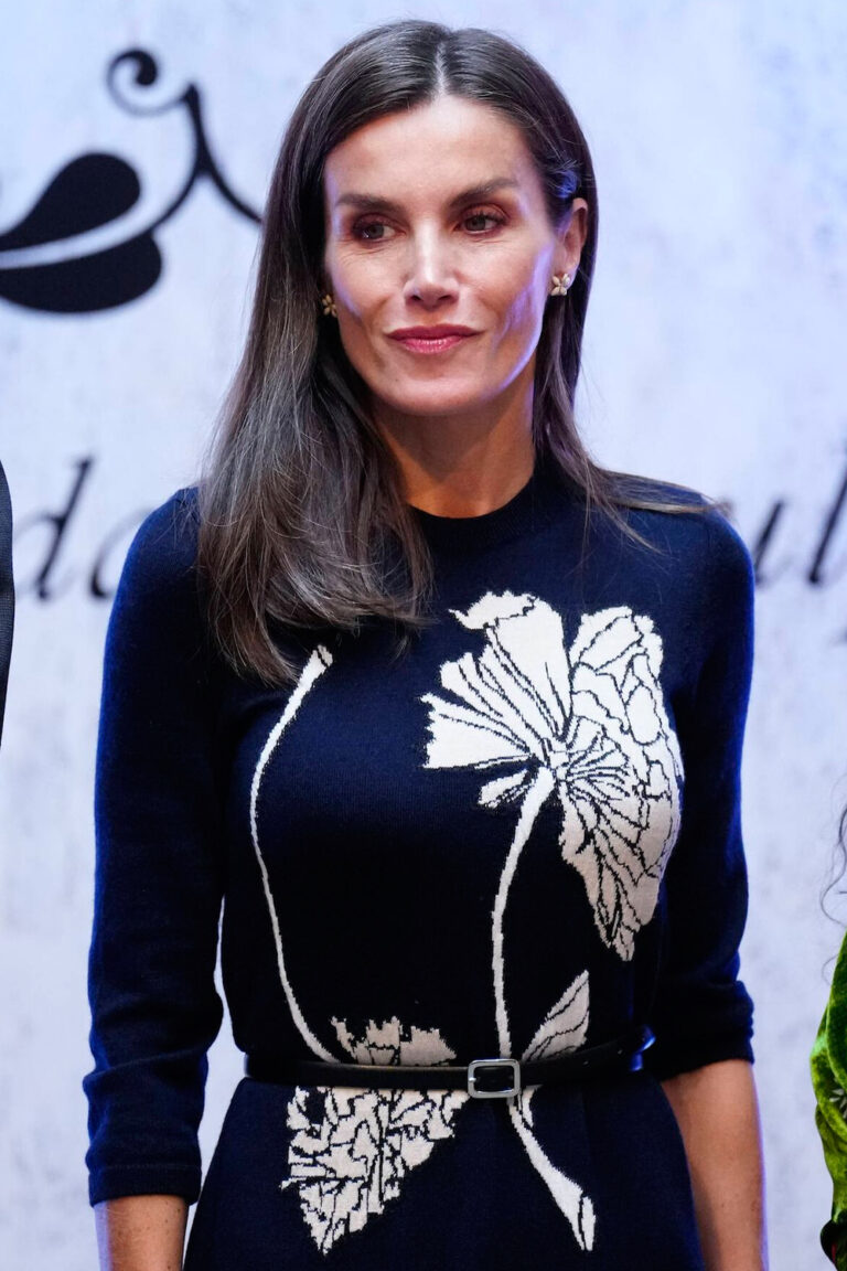 Queen Letizia Wears Again Her Navy Blue Dress With a Floral Design Queen Letizia in Navy Blue Dress