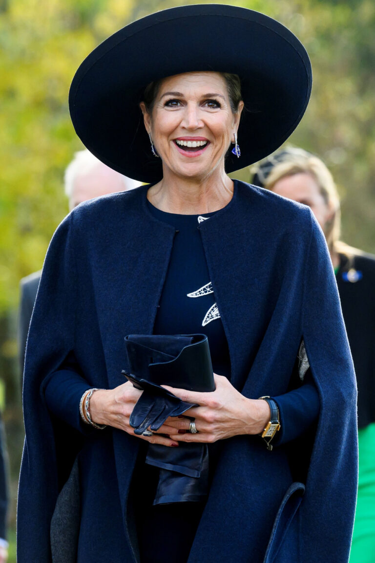 Queen Maxima Shines in Natan Couture Cape and Oscar de la Renta Dress at Avantium Factory Opening Queen Maxima in blue dress by Oscar de la Renta
