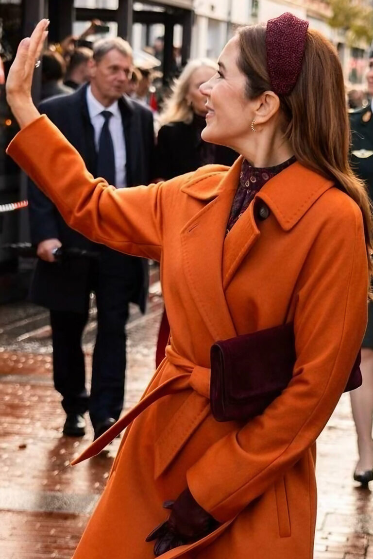 Queen Mary’s Autumn Style: Max Mara Orange Coat and Saloni Floral Dress Queen Mary in Max Mara Orange Coat