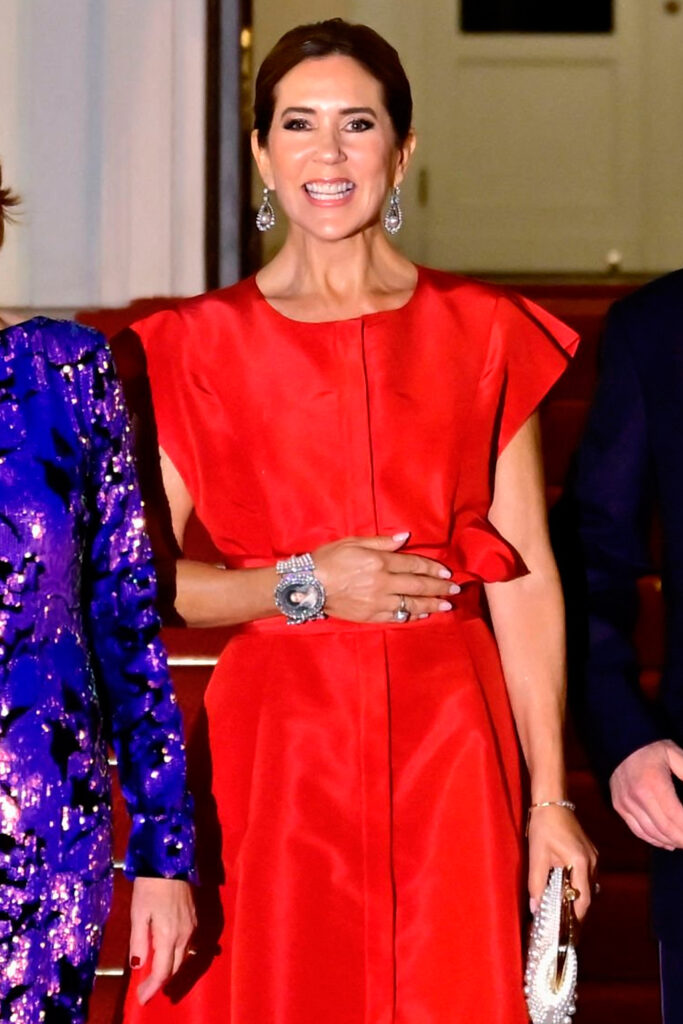 Queen Mary in Red Carolina Herrera Dress