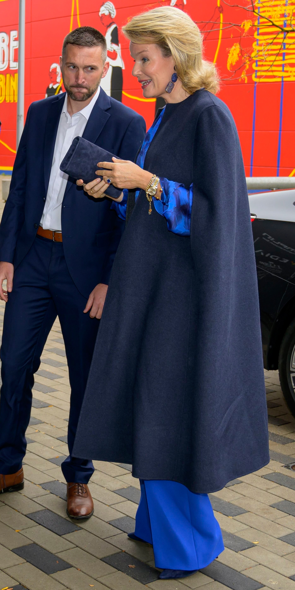 Queen Mathilde in Natan Couture x Alicia Audrey Lexie Cape