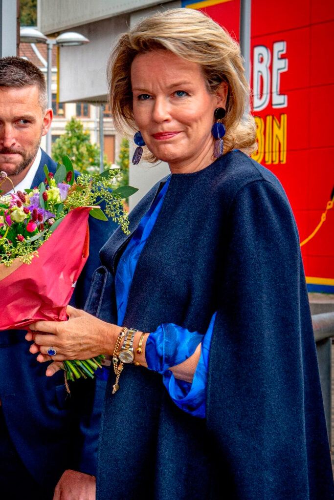 Queen Mathilde in Natan Couture x Alicia Audrey Lexie Cape